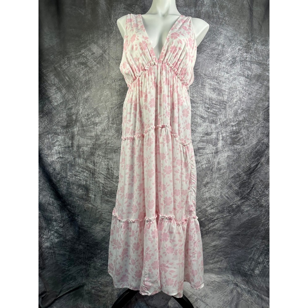 Salty Lemon Maxi Dress Womens Large Pink White Floral Tiered V-Neck LMD8415